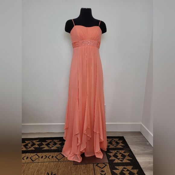 David's Bridal Maxi Dress Salmon Peach Pink Empire Waist Flutter Fairy Size 2 - Picture 1 of 12